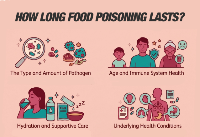Infographic showing four factors that affect how long food poisoning lasts.