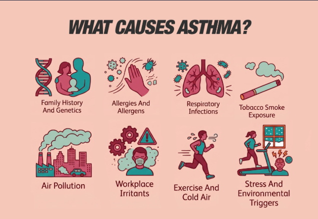 Infographic showing eight causes of asthma.