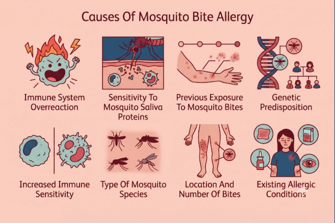 Infographic showing eight causes of mosquito bite allergy.