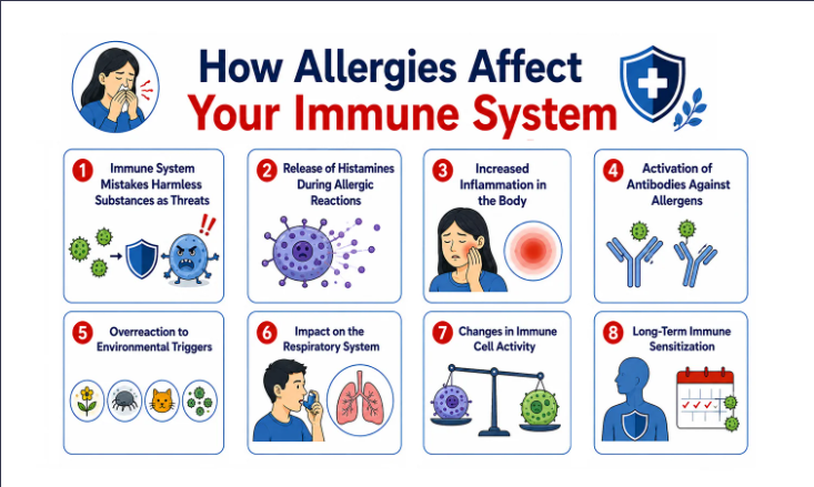 Infographic outlining eight ways allergies affect the human immune system.