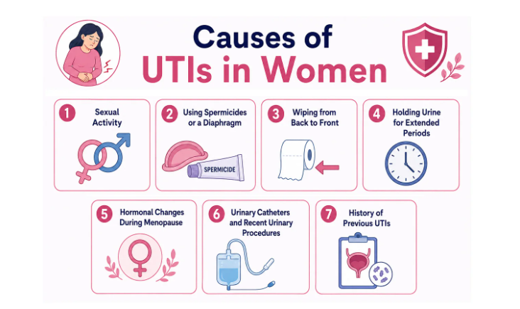 Infographic detailing seven primary causes of UTIs in women.