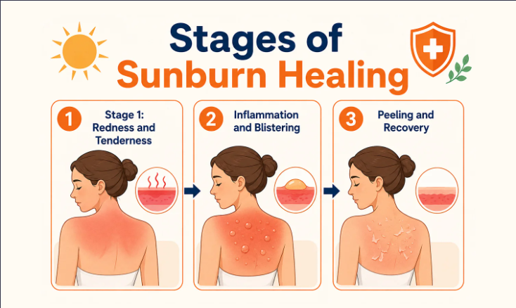 Infographic illustrating three stages of sunburn healing and skin recovery.