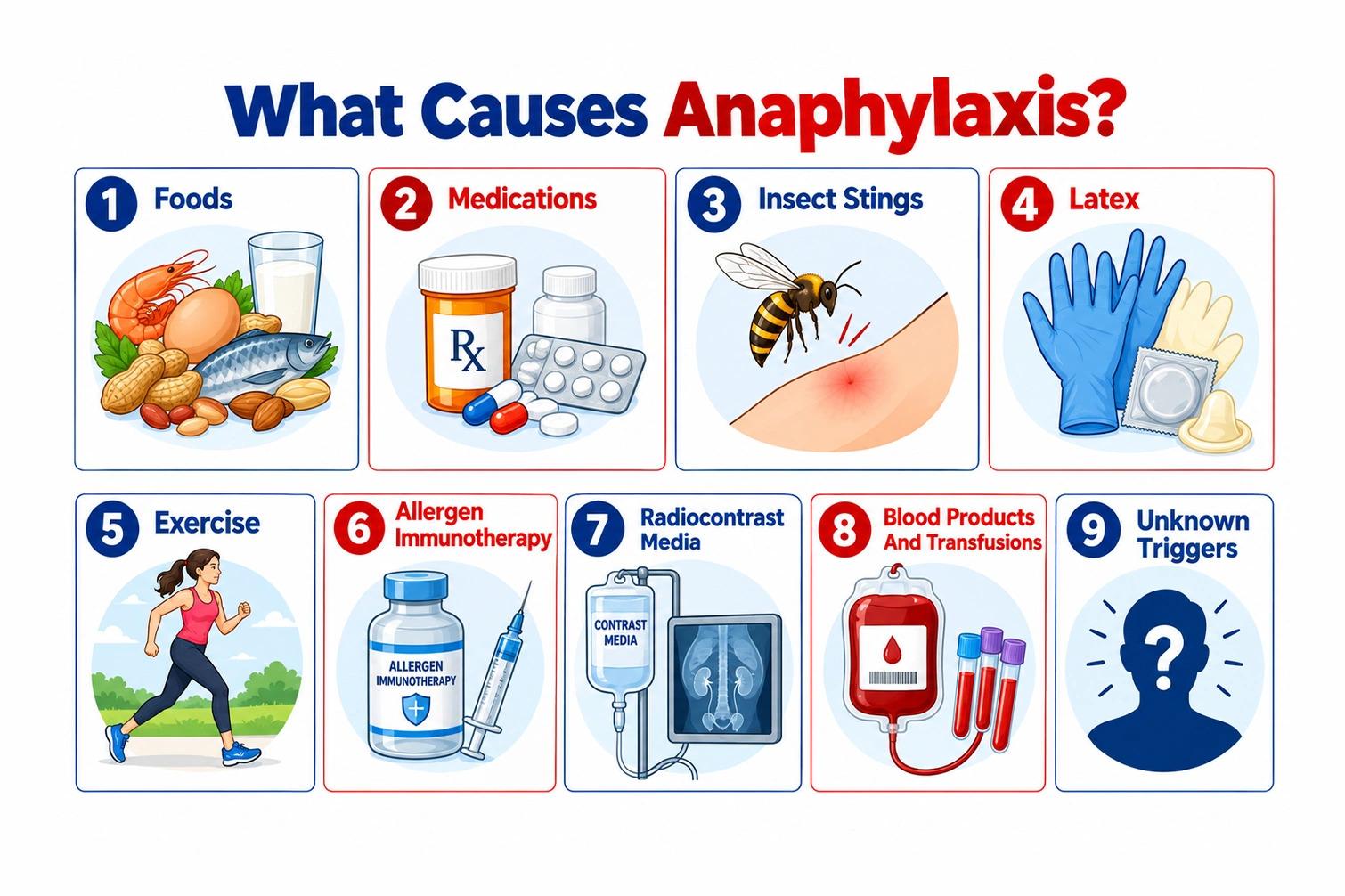 Infographic displaying nine common causes and triggers of anaphylaxis.