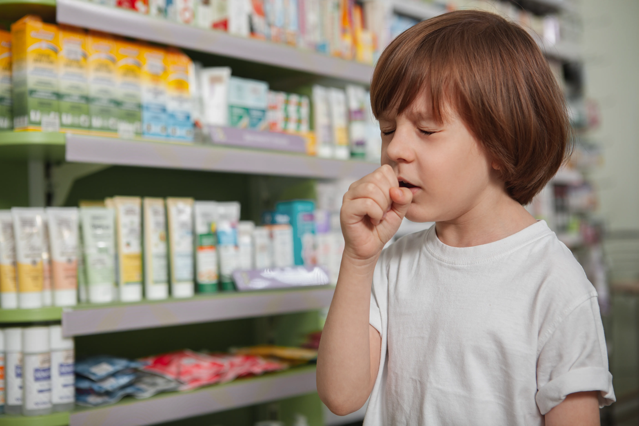 A young child coughing into his fist while standing in a pharmacy aisle.