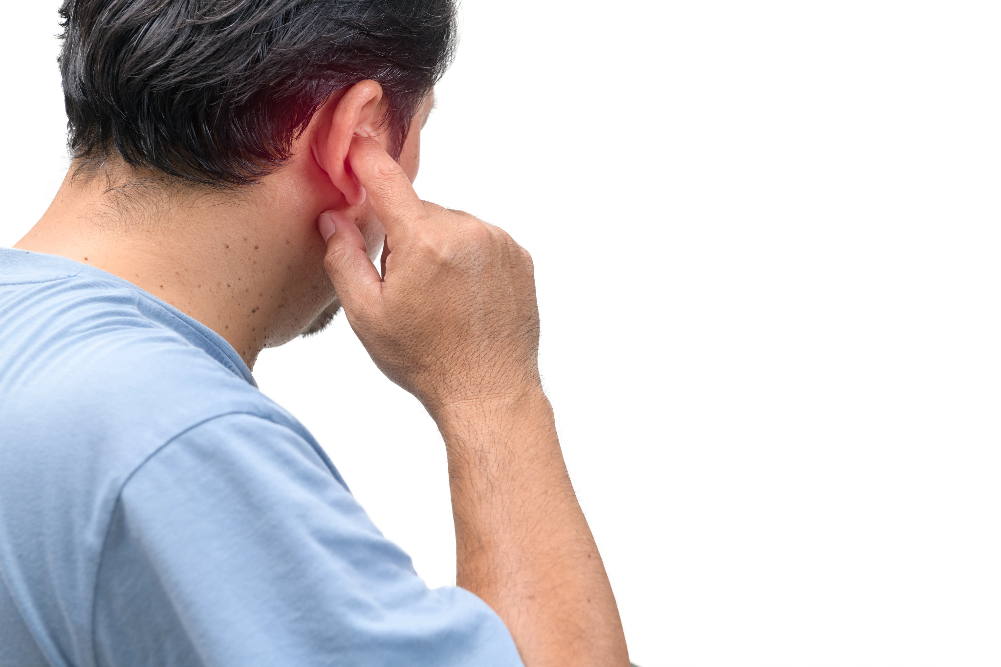 A man clutching his ear in discomfort, with a red highlighted gradient indicating ear pain.