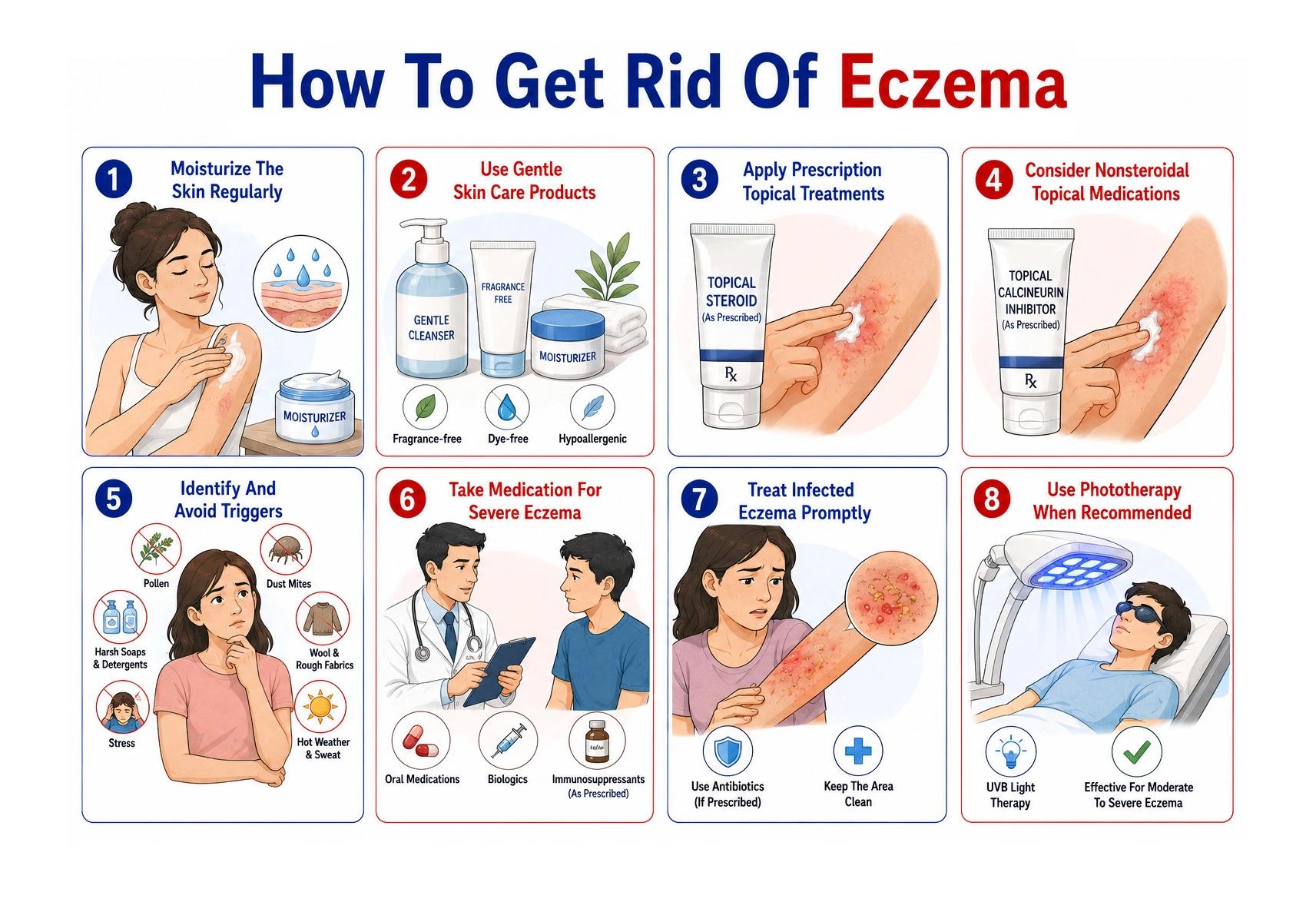 Medical infographic outlining eight steps for managing and treating eczema.