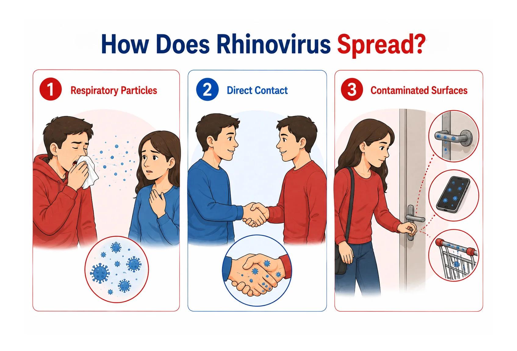 Diagram displaying three main ways rhinovirus spreads between different people