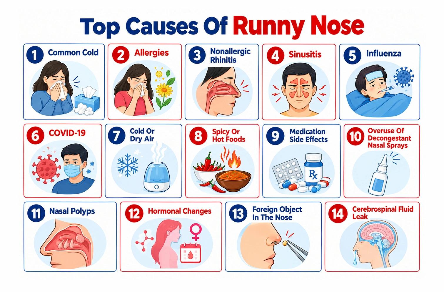 Infographic presenting fourteen different causes of a runny nose.
