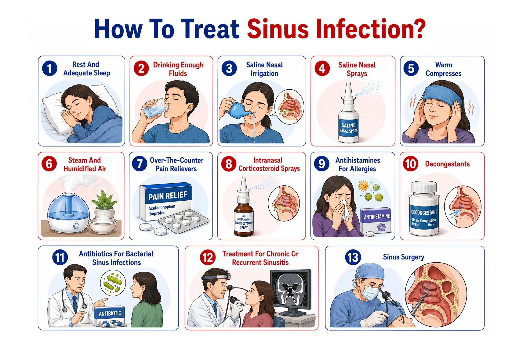 Detailed medical infographic illustrating thirteen ways to treat sinus infections.