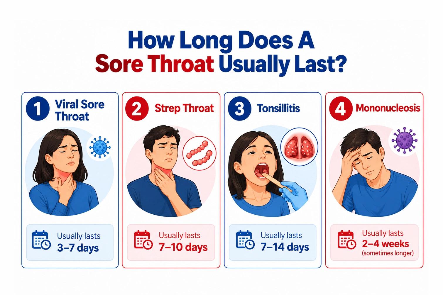 Infographic showing typical duration times for four sore throat causes.