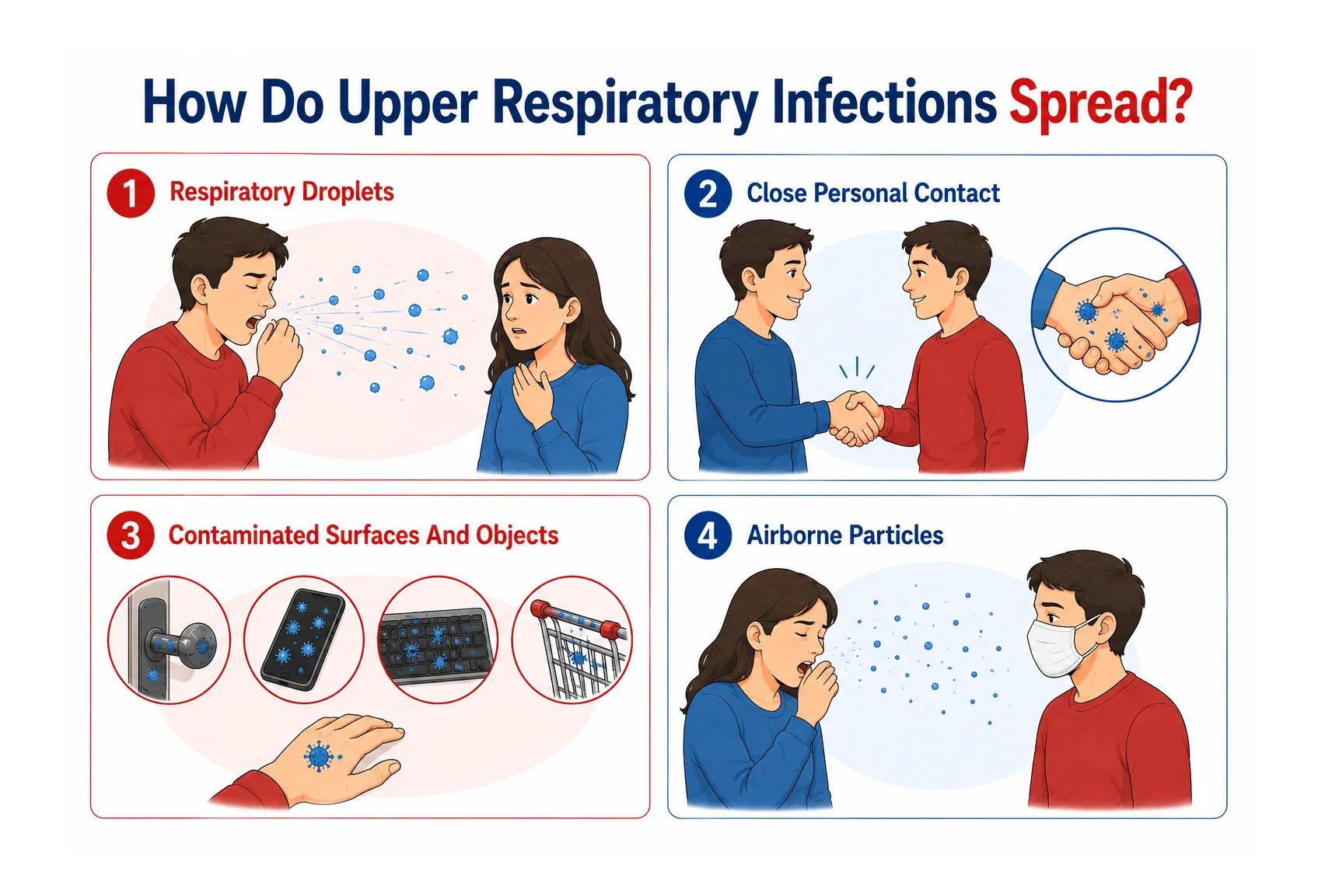 Infographic detailing four primary modes of upper respiratory infection transmission